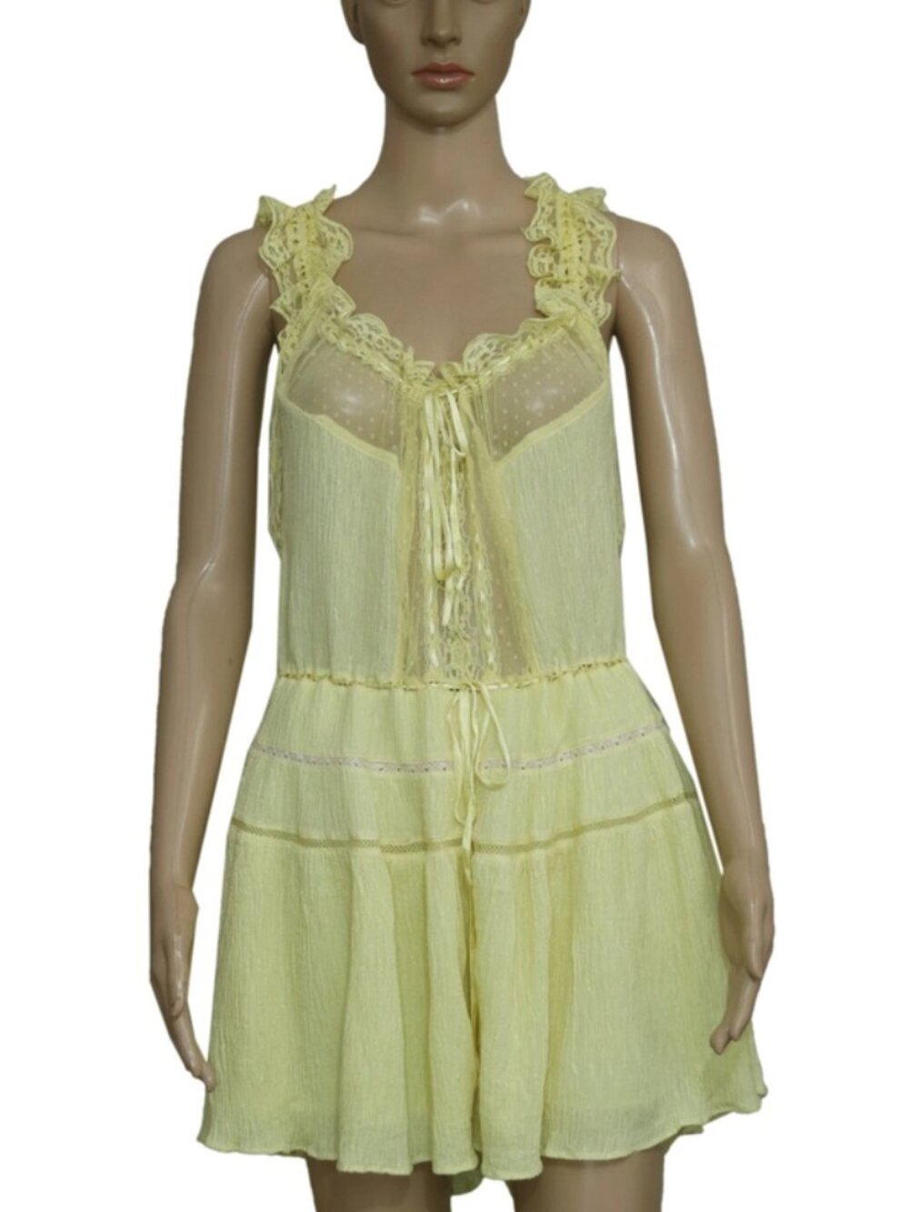 UO Urban Outfitters Lace Mesh Trim Ruffle Sleeveless Yellow Romper L